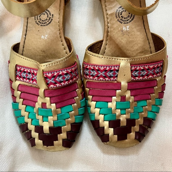Sandy Exclusiva Gold Pink Teal Woven Leather Aztec Ankle Strap Sandals Huaraches - Picture 2 of 8